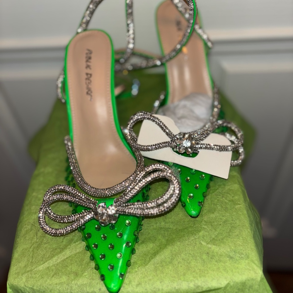 NEW Public Desire Azealia Neon Green Crystal Diamanté 7.5 Wrap Around Bow Heels - Picture 7 of 14